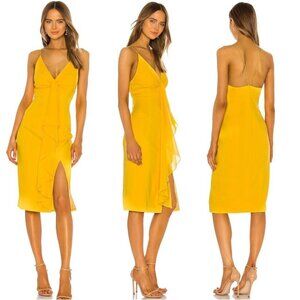 Jay Godfrey Dress Women 4 Yellow Sunflower V Neck Front Ruffle Sheath Midi Party